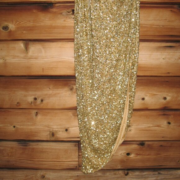 MAC DUGGAL 5760 Gold Sequined High Neck Keyhole Asymmetrical Dress - Picture 9 of 14